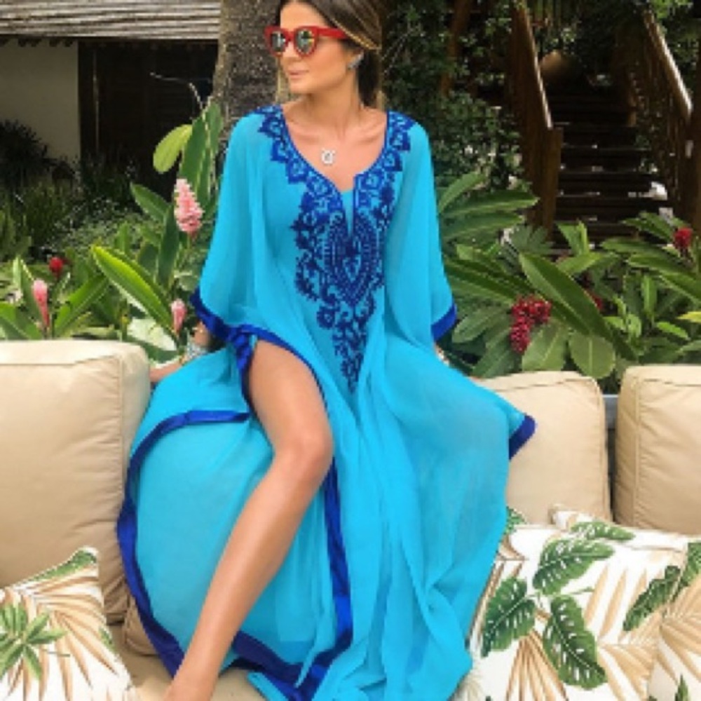 Women's Blue Embroidered Swim Coverup Kaftan
